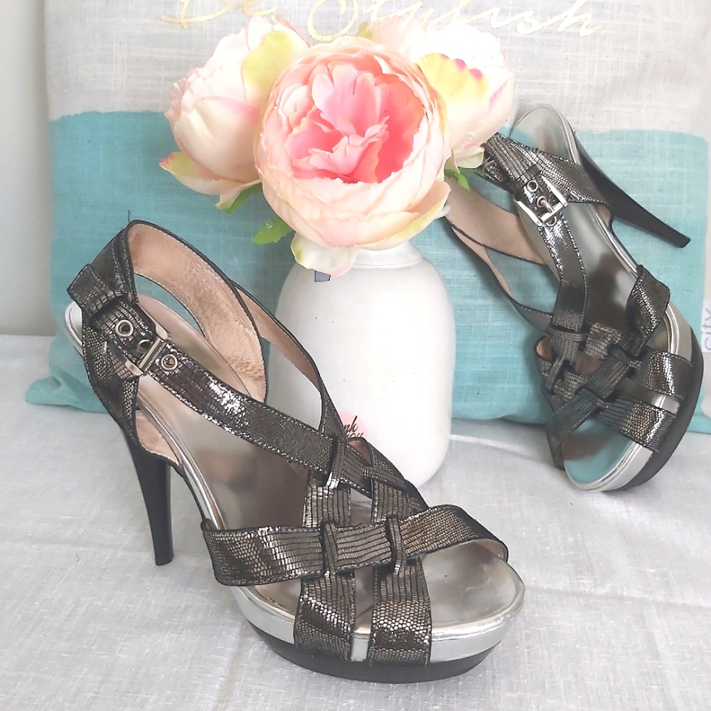 Michael Kors Leather Metallic 5" Stiletto Heels Strappy Sandals Sling Back